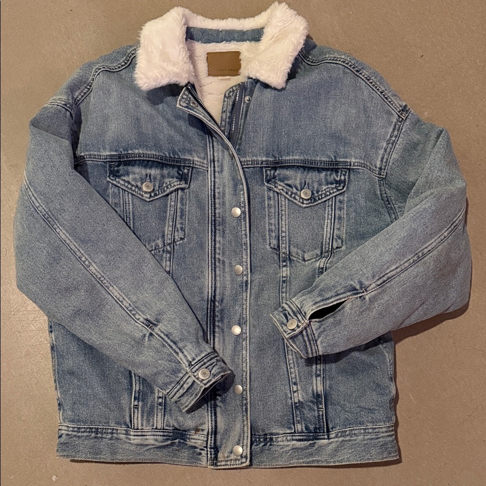 American Eagle Denim Jacket with White Faux Fur Collar and Lining
